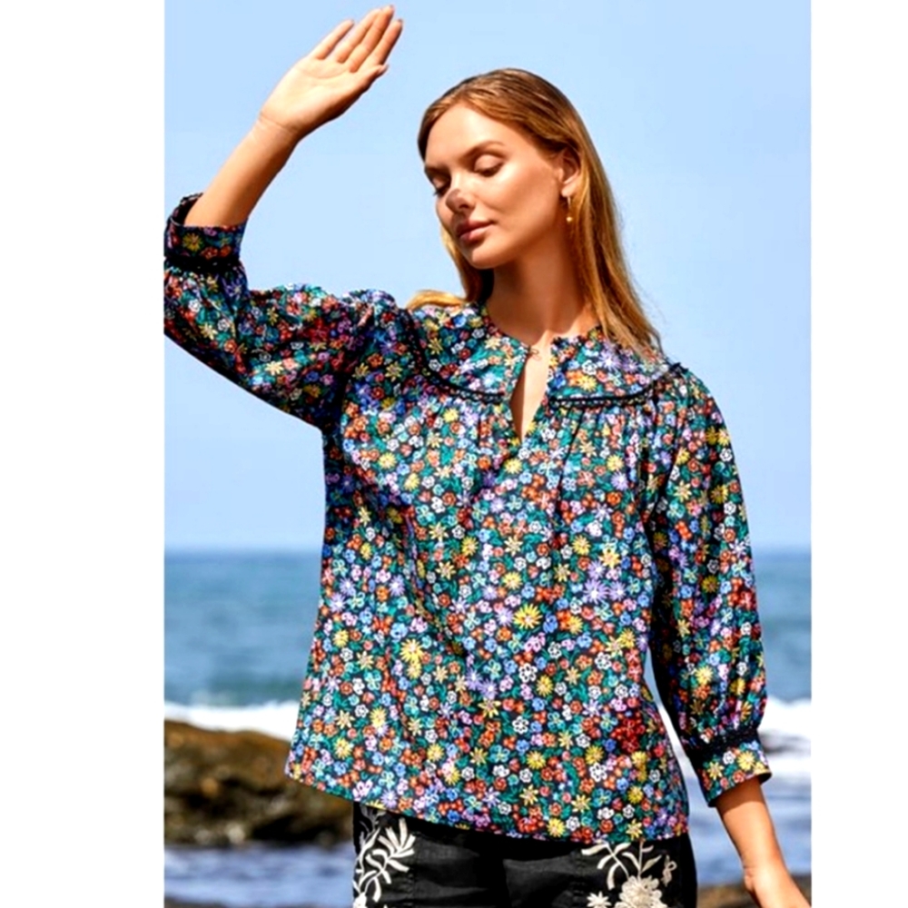 NWOT JOHNNY WAS Risa Poplin Colorful Floral Print Peasant Sleeve Top Small